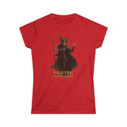 Red women's tee featuring Valkyrie Norse legend warrior graphic design