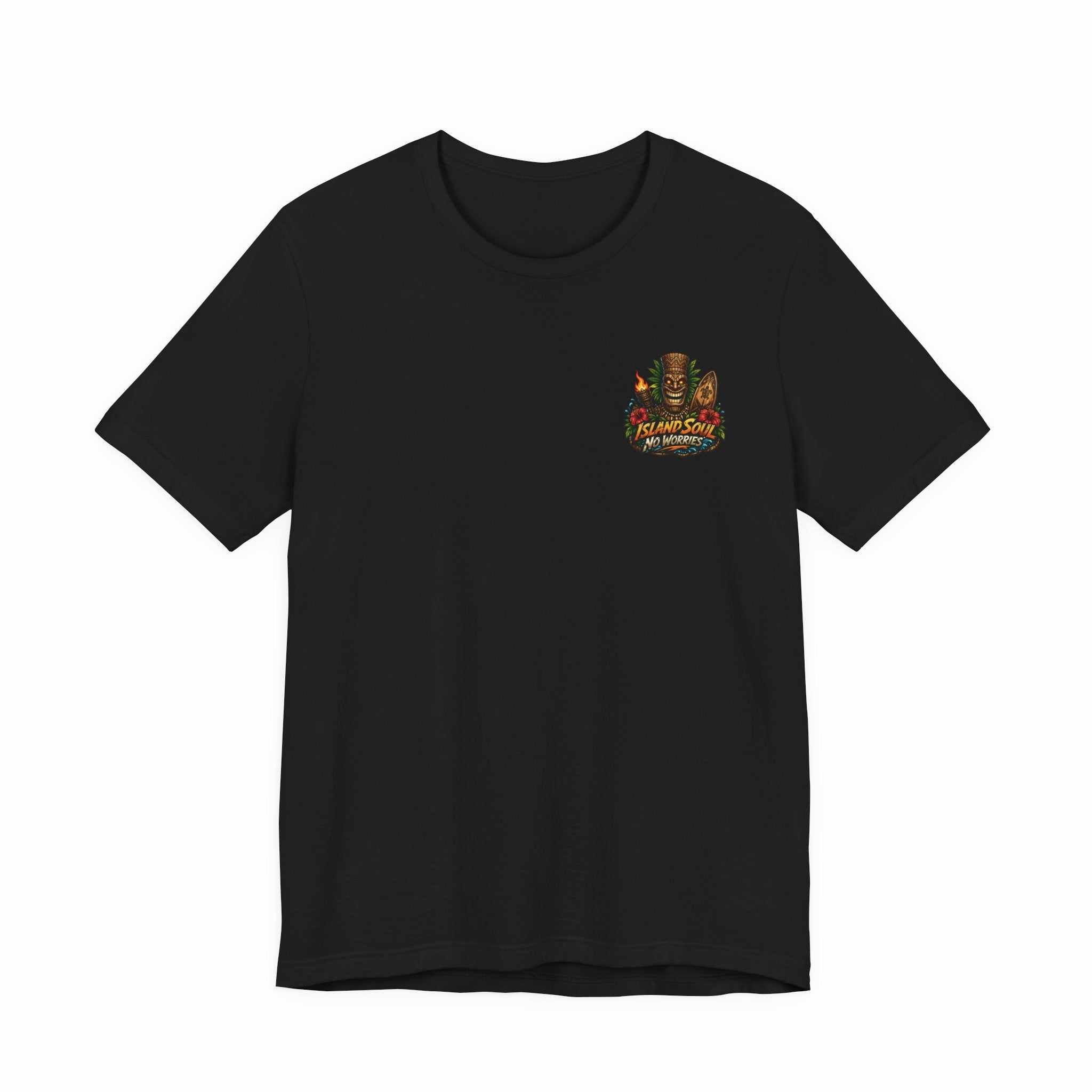 Tropical Tiki Tee with tiki, hibiscus flowers, and waves design on back, perfect summer island-inspired shirt