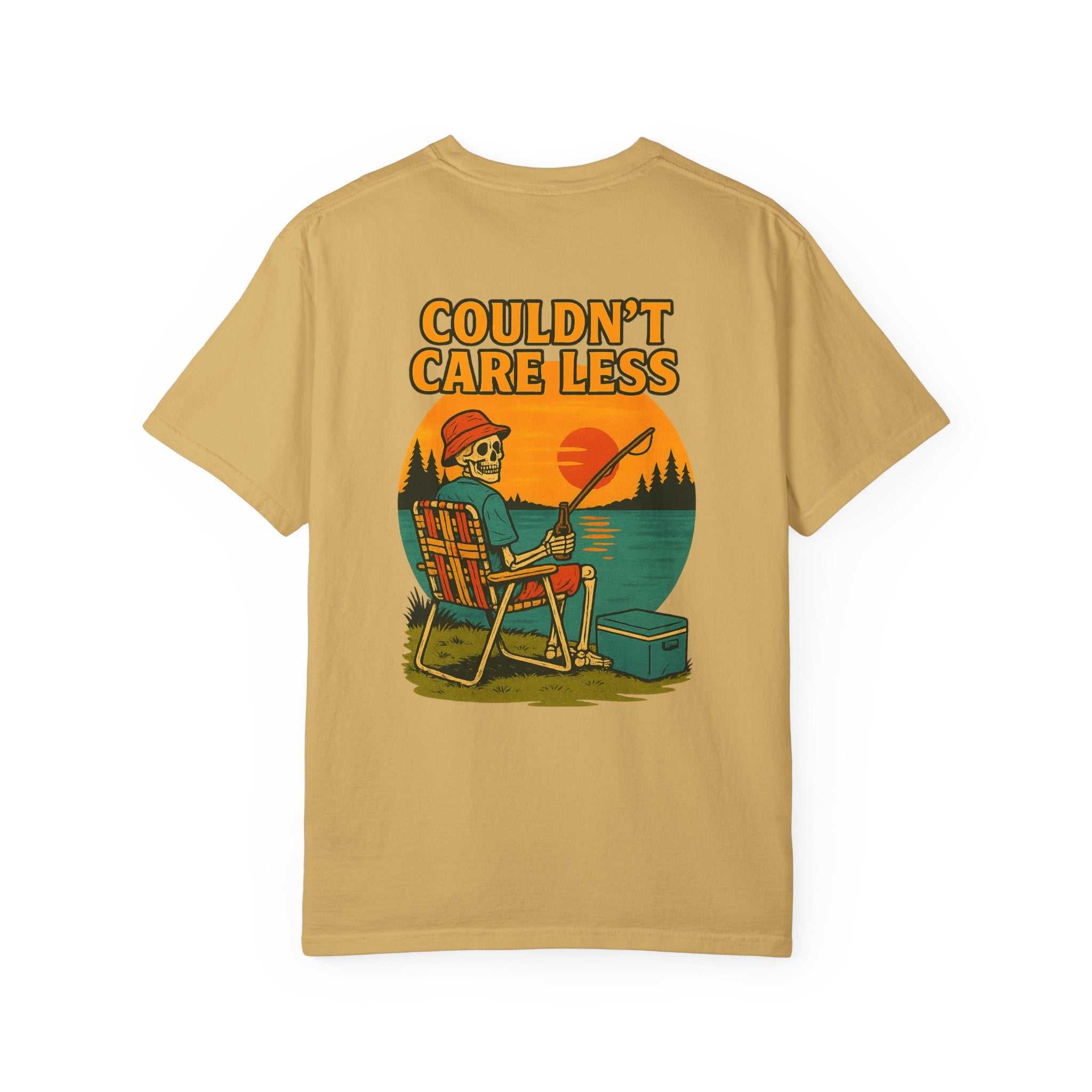 Couldn't Care Less T-Shirt — Retro Skeleton Fishing Graphic Tee