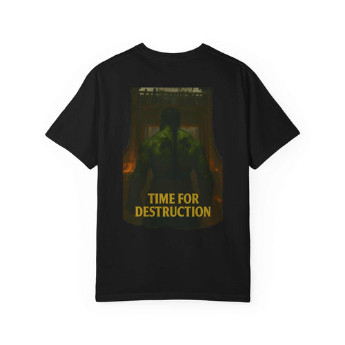 Black casual unisex t-shirt with "Time for Destruction" graphic and vintage vibe design