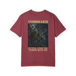 Epic Stormbearer unisex garment-dyed t-shirt with fantasy graphic and bold text on maroon fabric