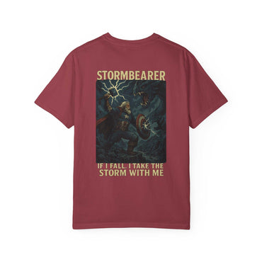 Epic Stormbearer unisex garment-dyed t-shirt with fantasy graphic and bold text on maroon fabric