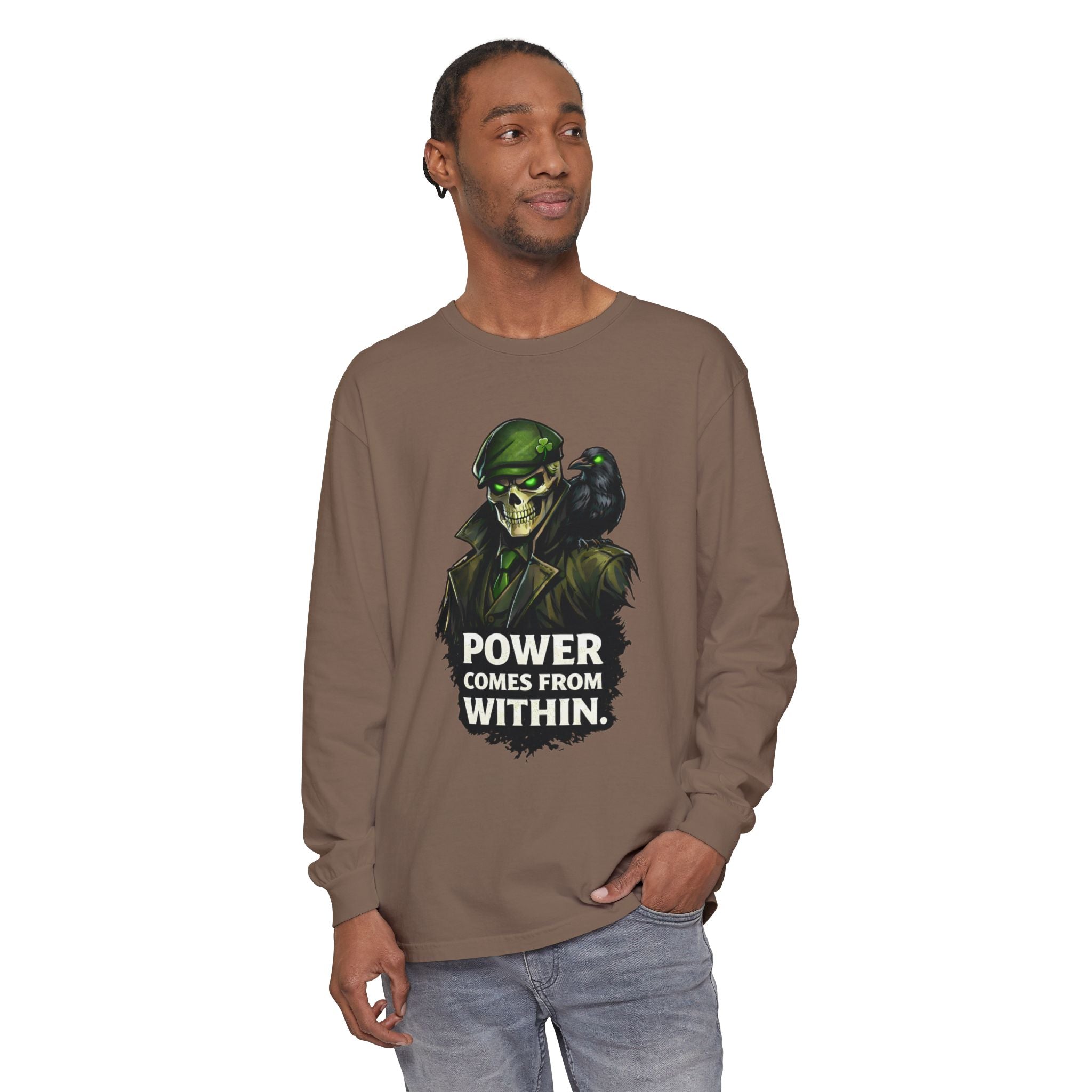 Long Sleeve T-Shirt — 'Power Comes From Within' Skull Soldier Graphic