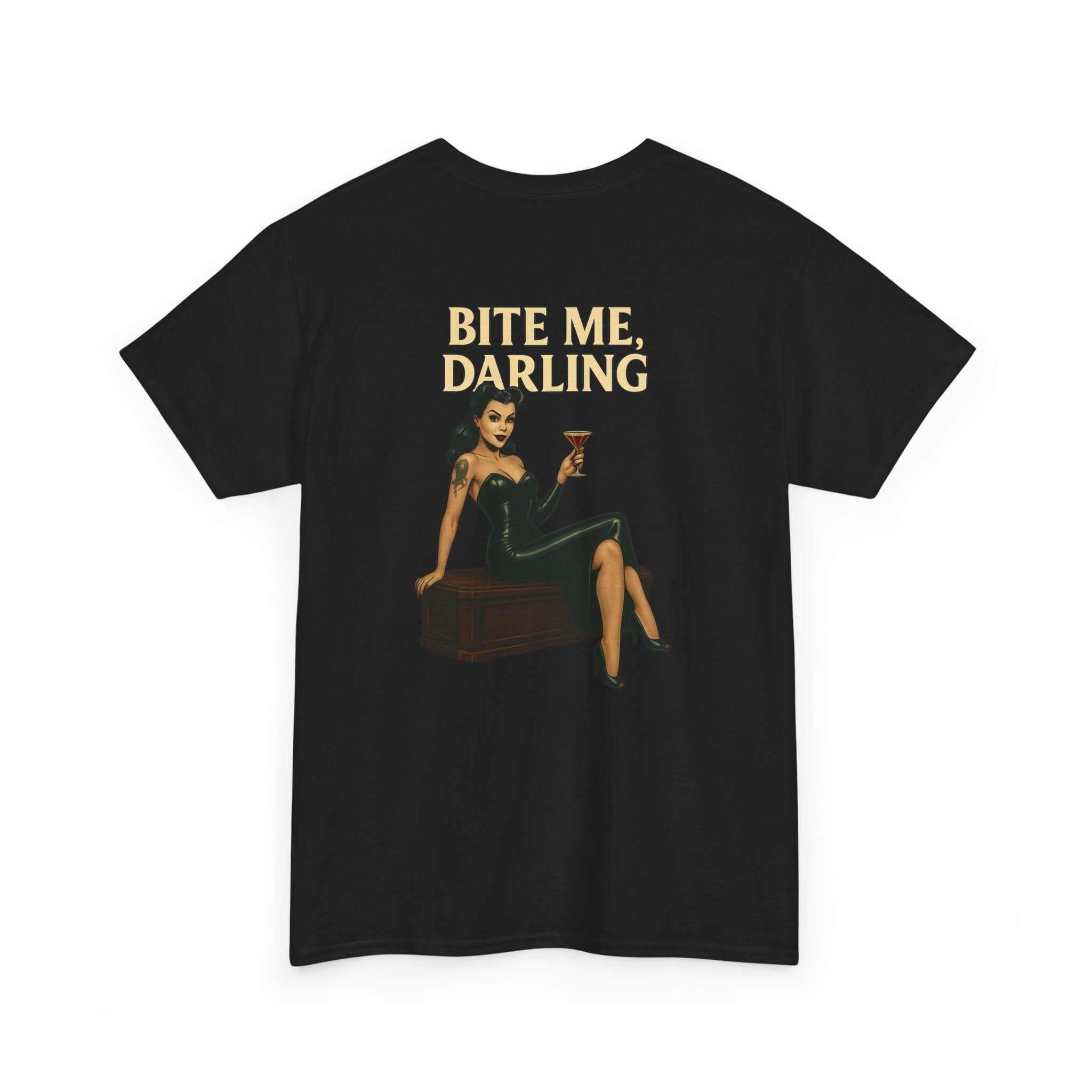 Dracula's Queen black unisex cotton t-shirt with vampire bite design