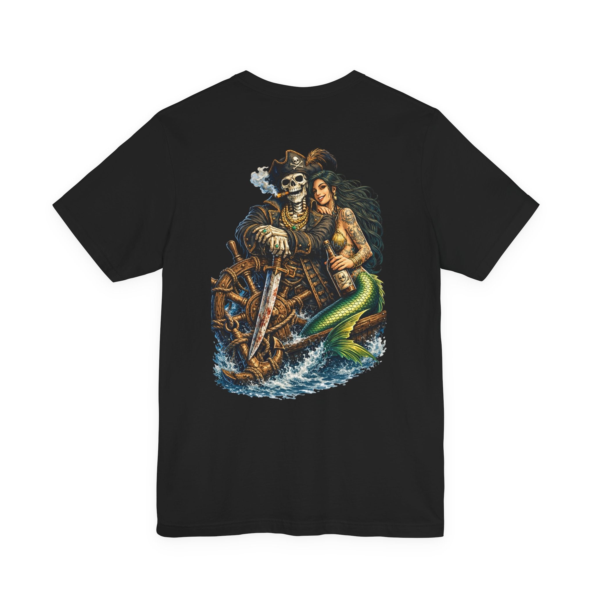 Pirate Skeleton & Mermaid Graphic Tee — Nautical Skull Crew Neck Shirt