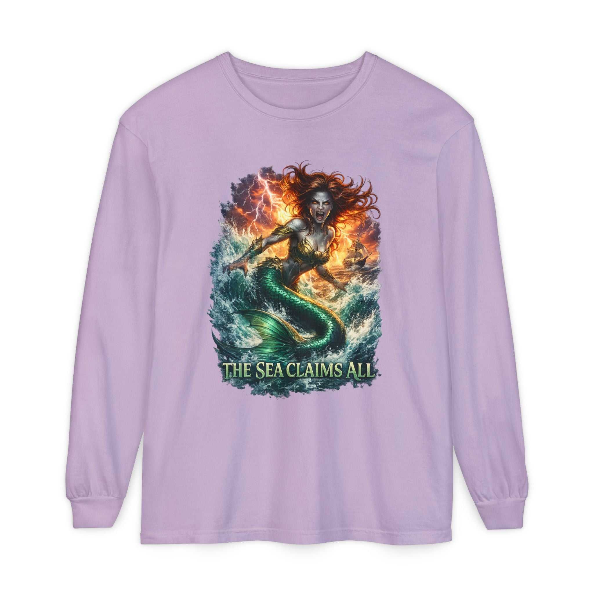Mermaid Graphic Long Sleeve Tee — "The Sea Claims All" Nautical Fantasy Shirt