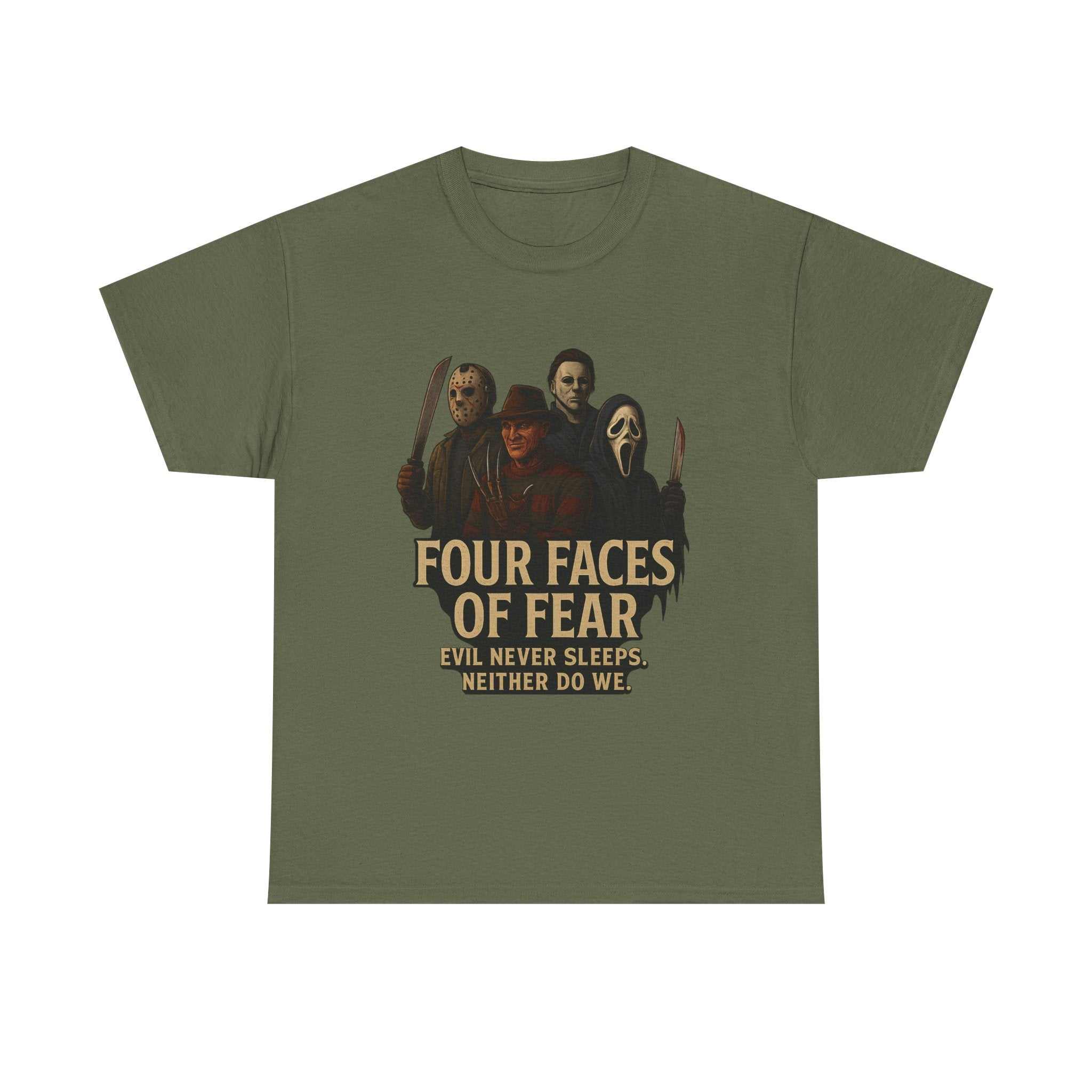 Horror Villains Tee featuring faces of Michael, Freddy, Jason, and Ghostface on unisex T-shirt