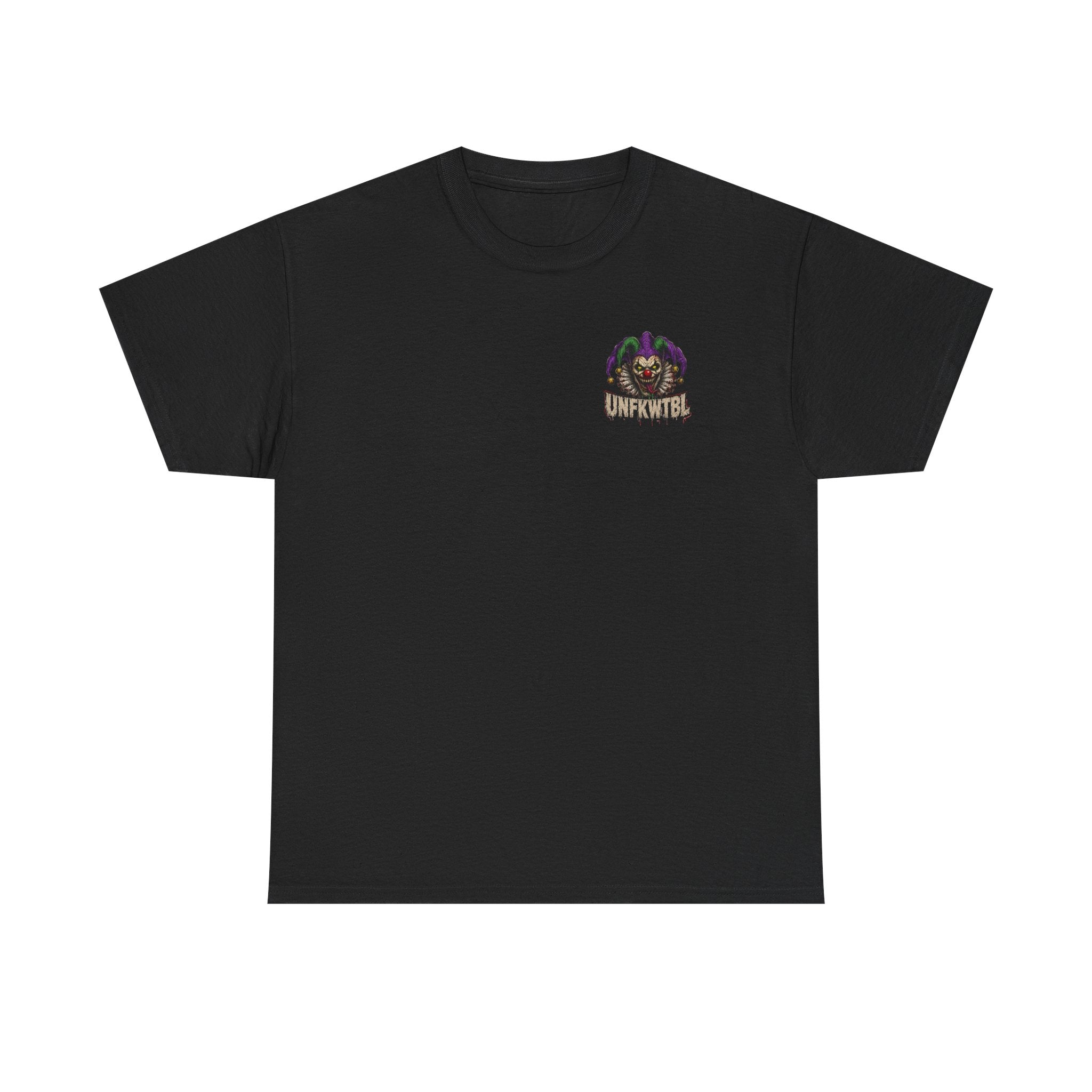 Creepy Jester Tee — “Smile Now. Later.” Graphic Horror Shirt (UNFKWTBL)
