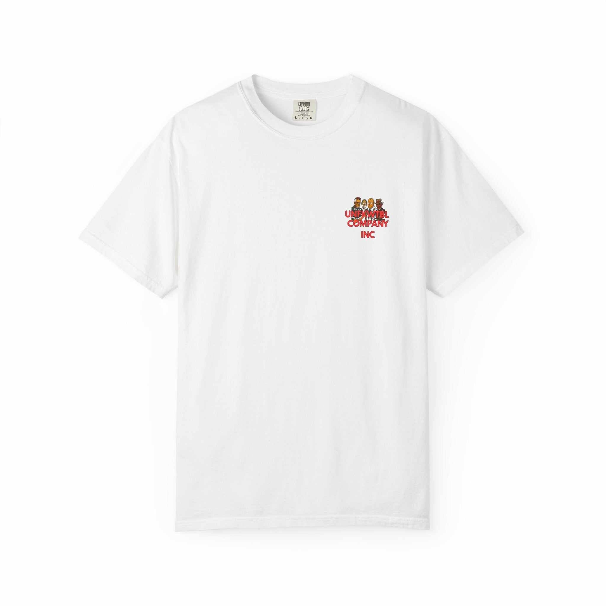 White unisex T-shirt featuring horror movie legends Jason, Michael, Freddy, and Pinhead for fans and Halloween.
