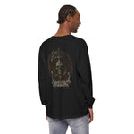 Man wearing black Guardian Skull Dragon Sword Tee with graphic skull, dragon, and sword design on back, long sleeve shirt
