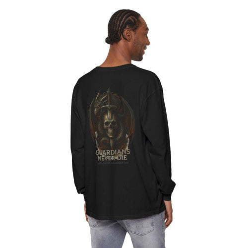 Man wearing black Guardian Skull Dragon Sword Tee with graphic skull, dragon, and sword design on back, long sleeve shirt