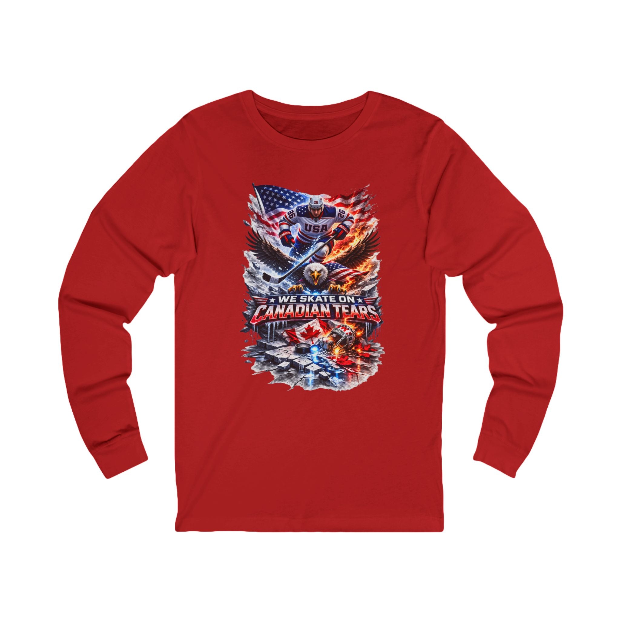 Hockey Player USA Flag Long Sleeve Tee – “We Skate On Canadian Tears” Patriotic Hockey Shirt