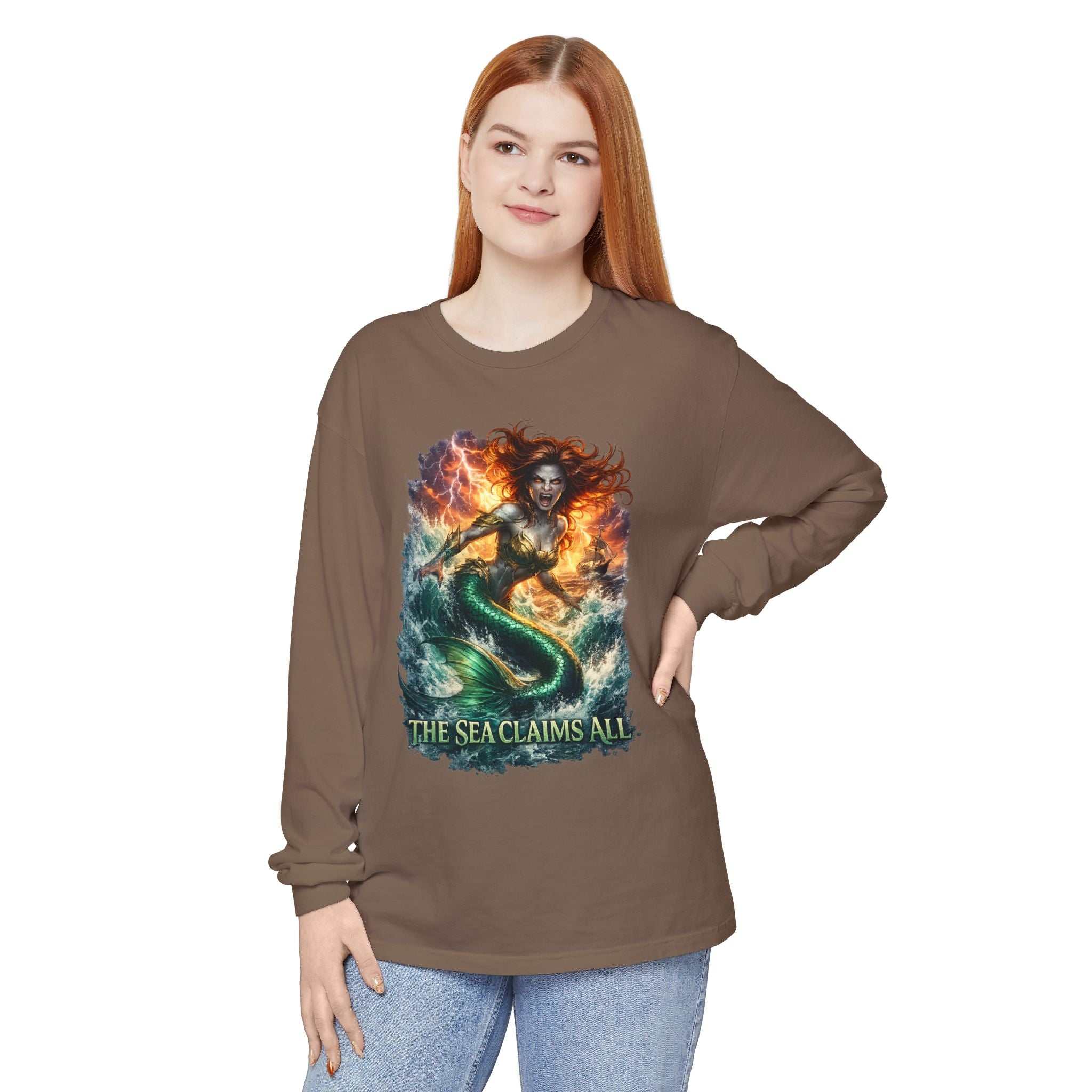 Mermaid Graphic Long Sleeve Tee — "The Sea Claims All" Nautical Fantasy Shirt