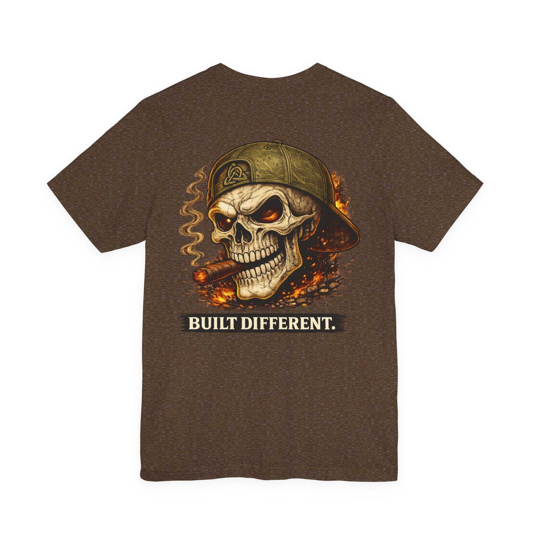Built Different Skull Tee featuring bold biker skull graphic and "BUILT DIFFERENT" tagline on soft black cotton shirt