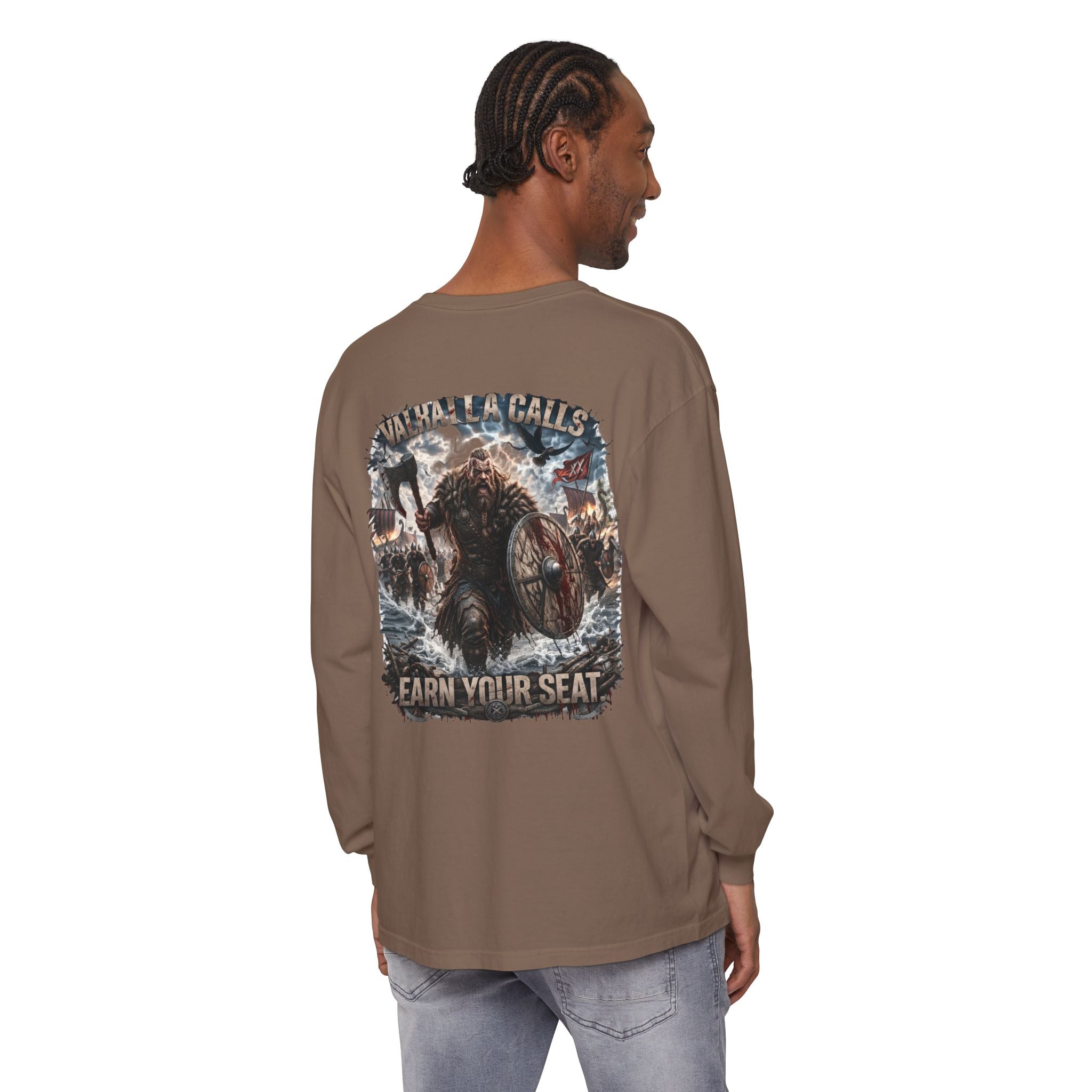 Valhalla Calls Long Sleeve Tee — "Earn Your Seat" Viking Graphic