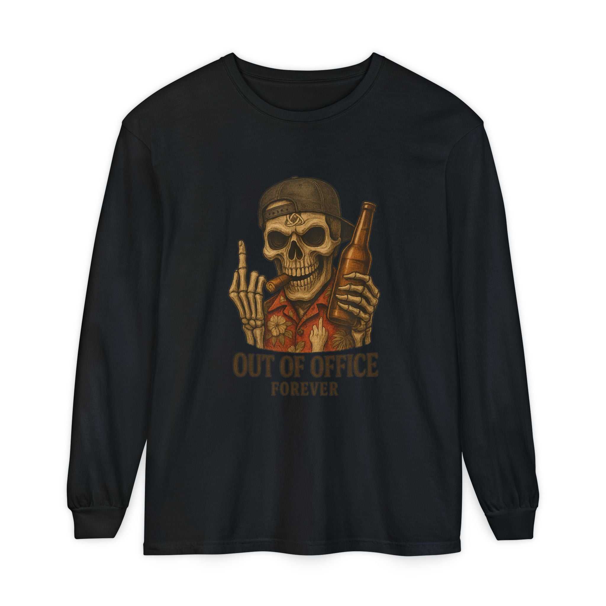 Long sleeve t-shirt with "Out of Office Forever" skull and beer graphic, soft cotton, classic fit.