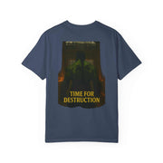 Navy casual unisex t-shirt with "Time for Destruction" graphic and vintage vibe design.