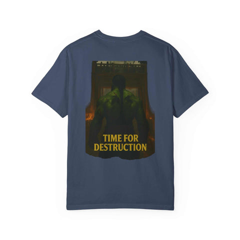 Navy casual unisex t-shirt with "Time for Destruction" graphic and vintage vibe design.