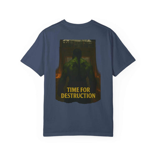 Navy casual unisex t-shirt with "Time for Destruction" graphic and vintage vibe design.