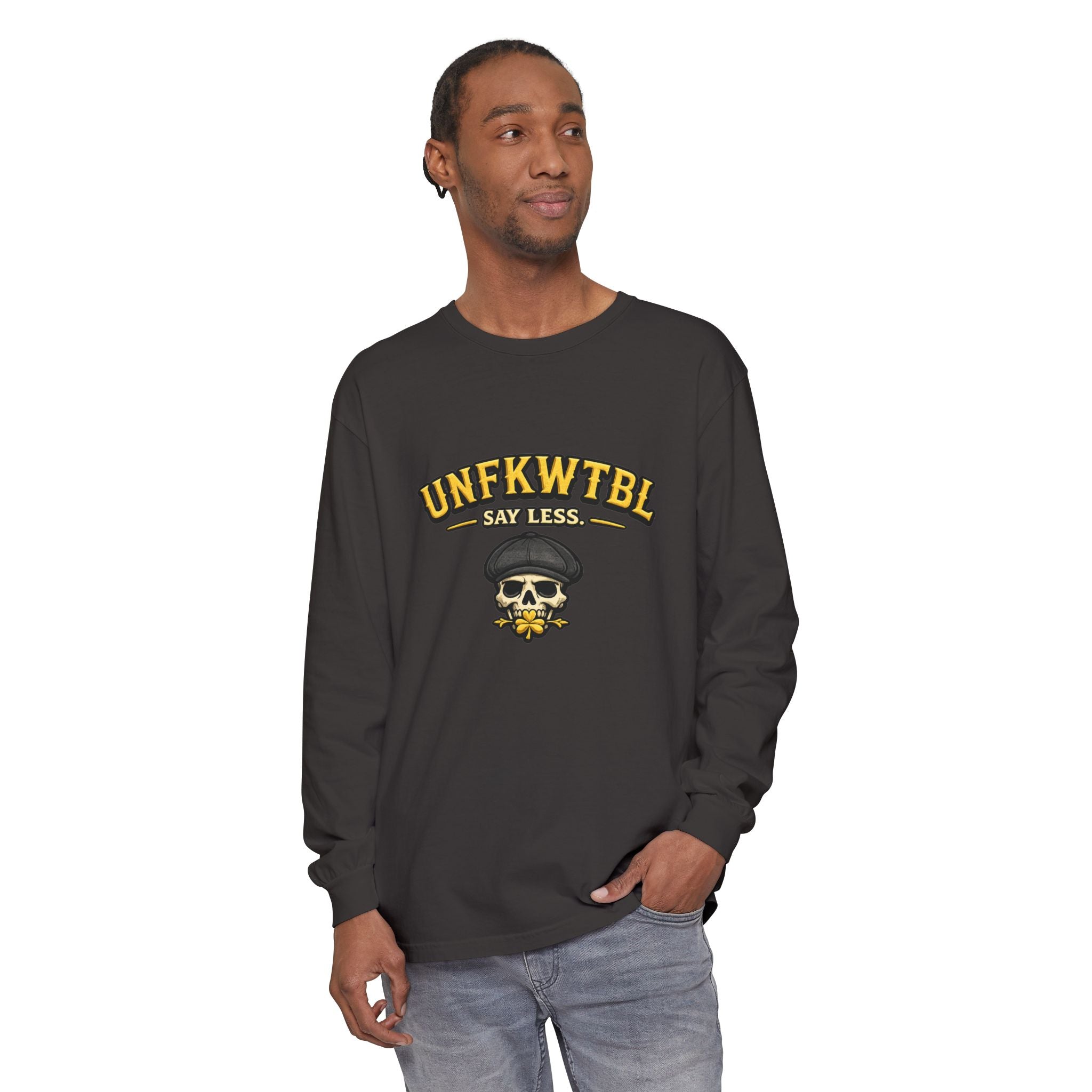 Unfkwtbl Skull Long Sleeve T‑Shirt — “Say Less” Graphic Tee