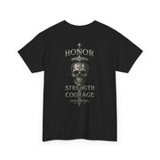 Black T-shirt with skull and sword design featuring the words Honor, Strength & Courage.