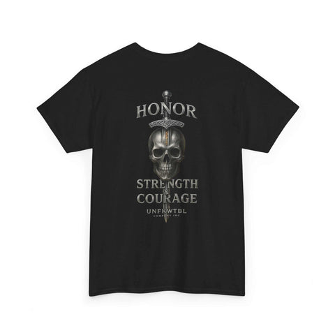 Black T-shirt with skull and sword design featuring the words Honor, Strength & Courage.