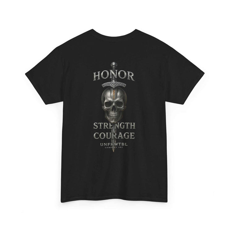 Black T-shirt with skull and sword design featuring the words Honor, Strength & Courage.