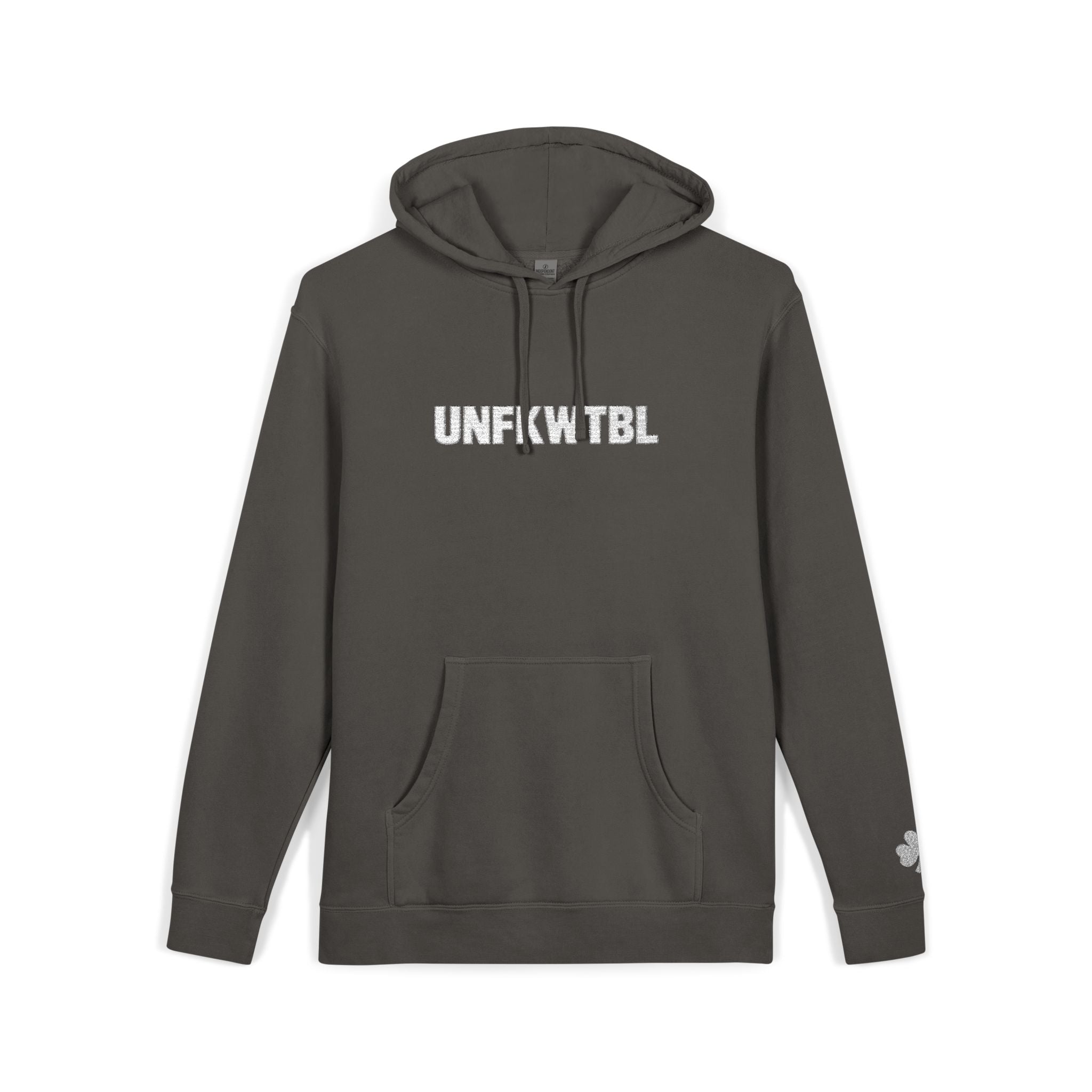 Pigment-Dyed Hoodie — Distressed "UNFKWTBL" Logo, Vintage Charcoal Streetwear