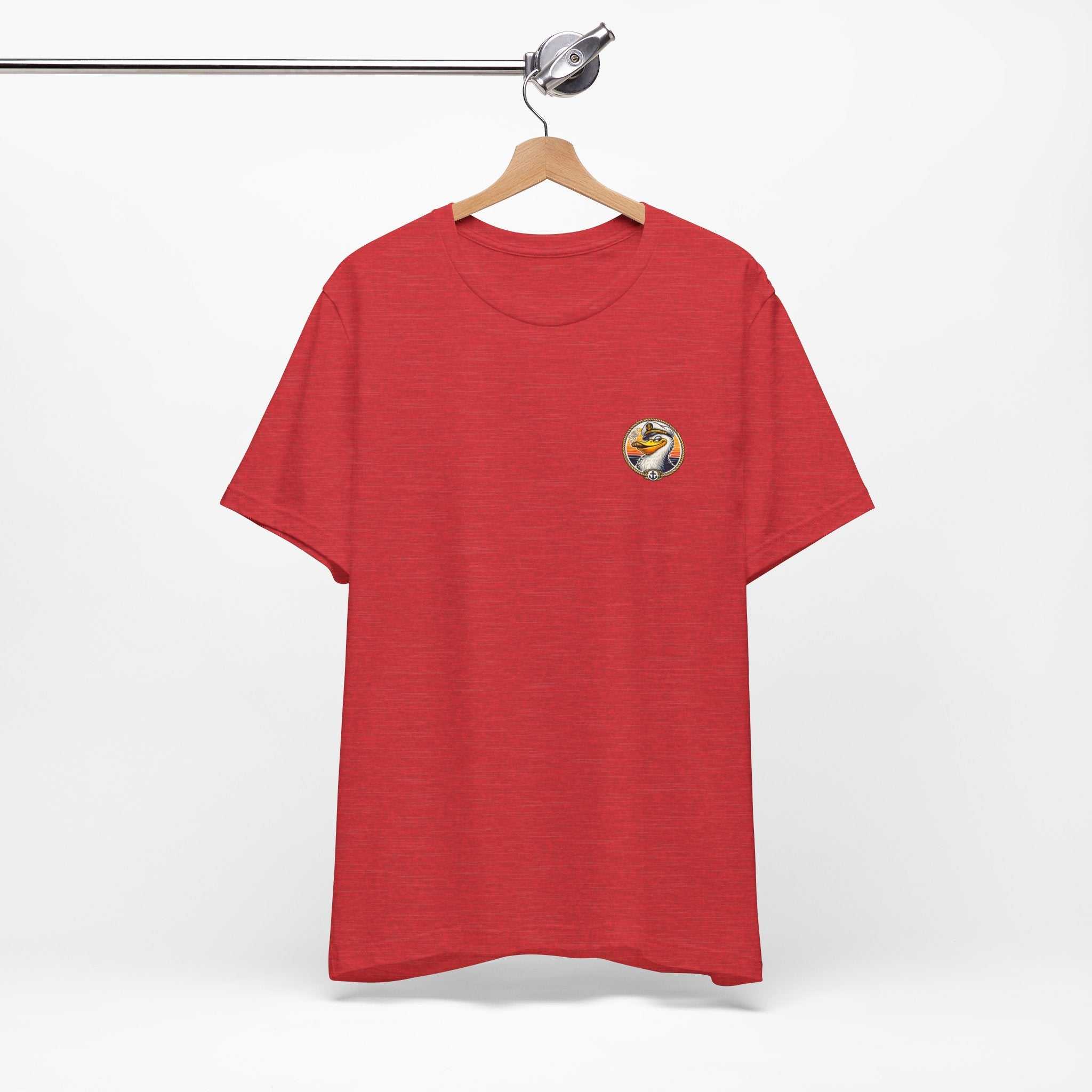 T-Shirt — Retro Pelican on Inflatable Tube Graphic Tee (Beach Vacation, Tropical Sunset)