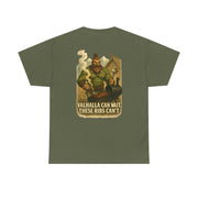 Thorgar Bbq Valhalla unisex heavy cotton tee with funny Viking BBQ design and "Valhalla Can Wait" slogan on olive green shirt