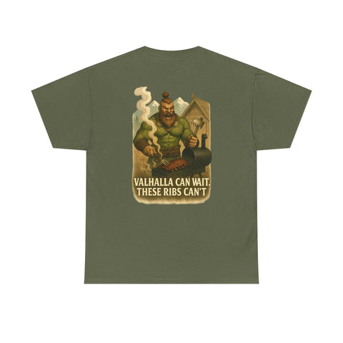 Thorgar Bbq Valhalla unisex heavy cotton tee with funny Viking BBQ design and "Valhalla Can Wait" slogan on olive green shirt