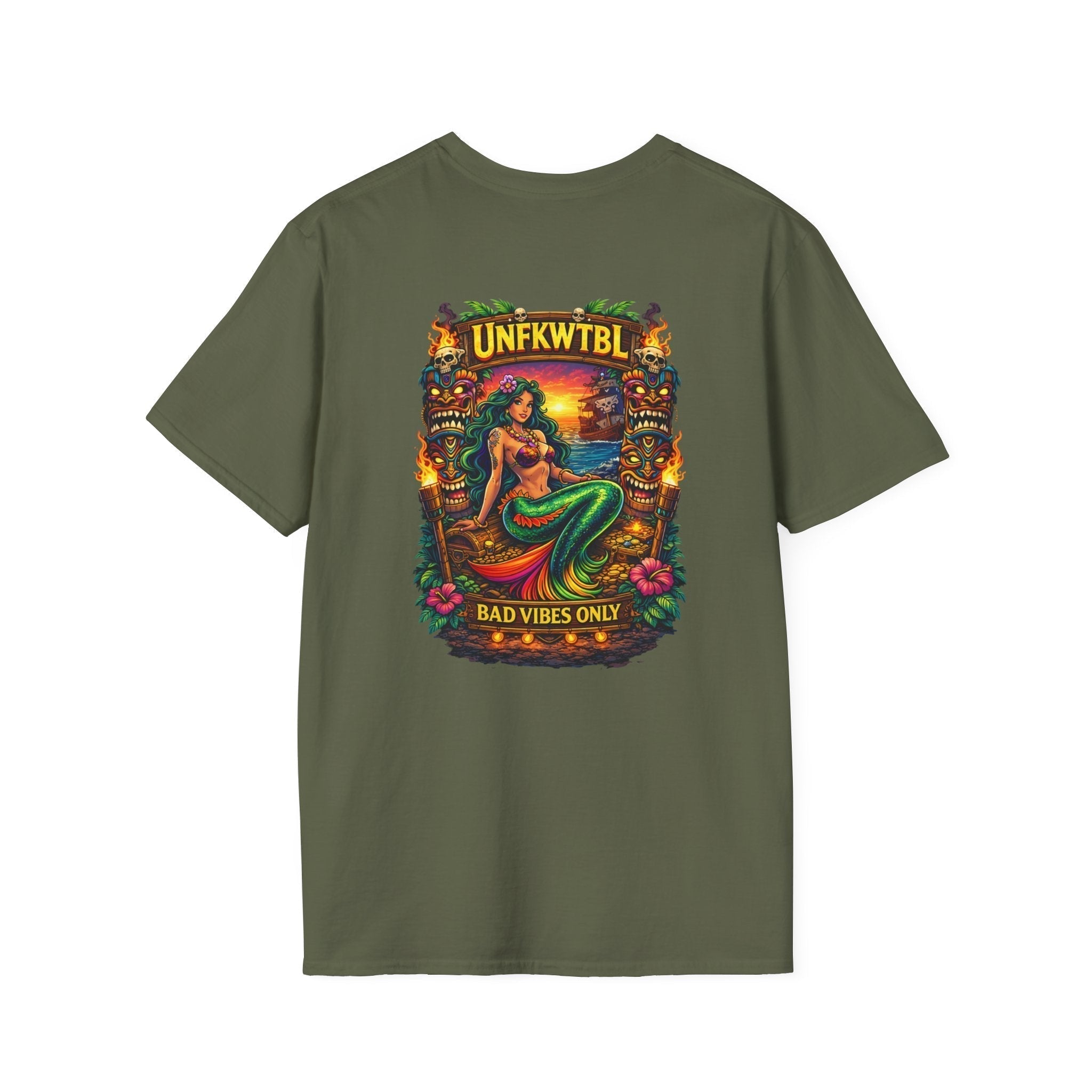 Tropical sunset Mermaid Sunset T-Shirt with "Bad Vibes Only" retro island graphic and relaxed summer beach style