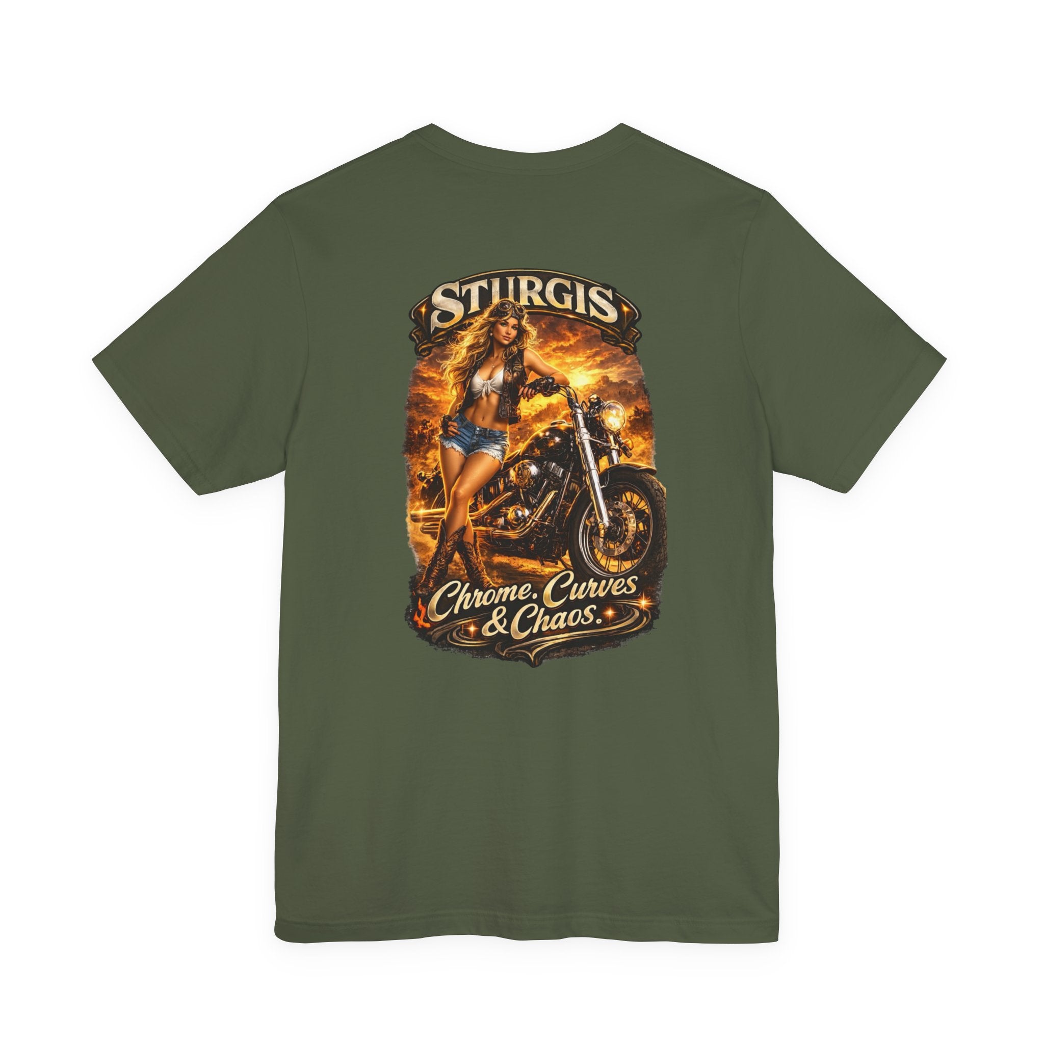 Sturgis Motorcycle Tee — "Chrome, Curves & Chaos" Biker Graphic Shirt
