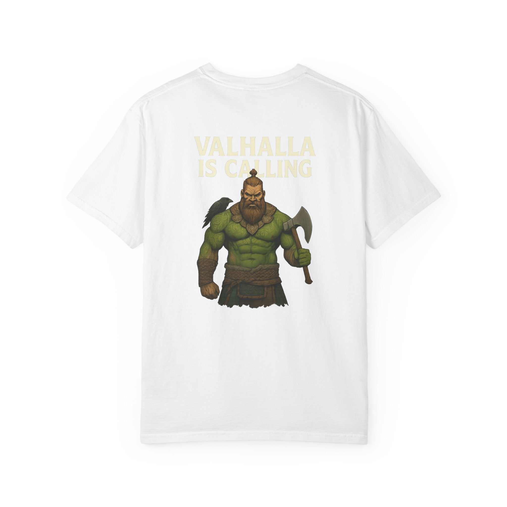 Valhalla Battle unisex garment-dyed T-shirt with Norse mythology design and size guide