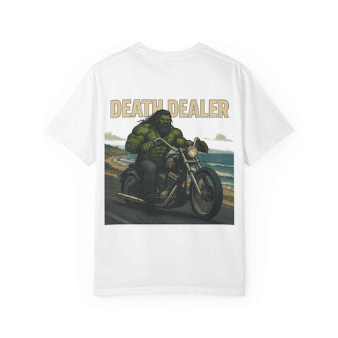 White unisex garment-dyed T-shirt with Death Dealer Design featuring a muscular figure riding a motorcycle along the coast