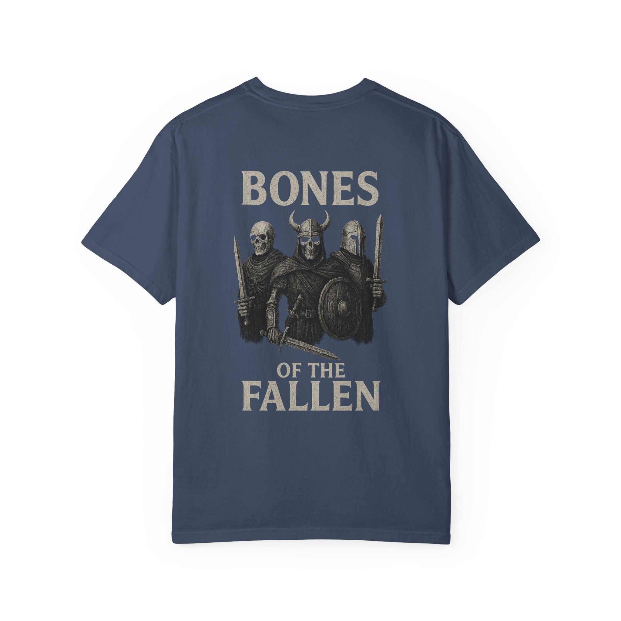 Viking Warrior Unisex Tee in navy with "Bones of the Fallen" graphic and Norse warrior design