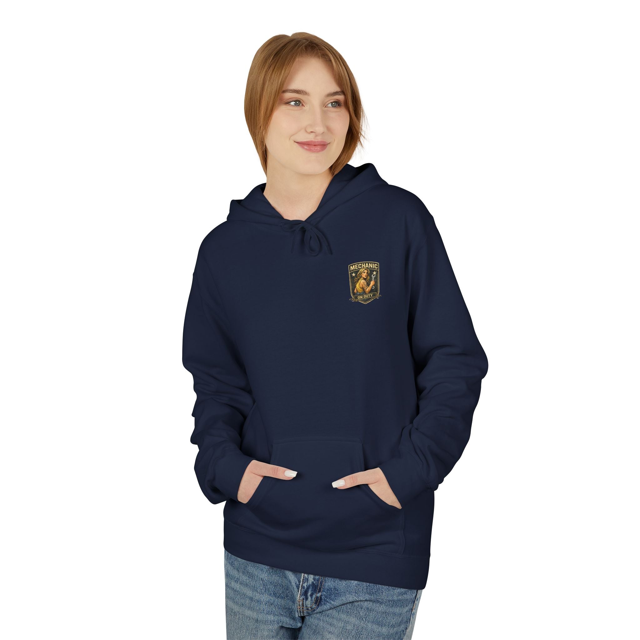 Vintage Pin-Up Motorcycle Hoodie — "Built Different" Garage Logo