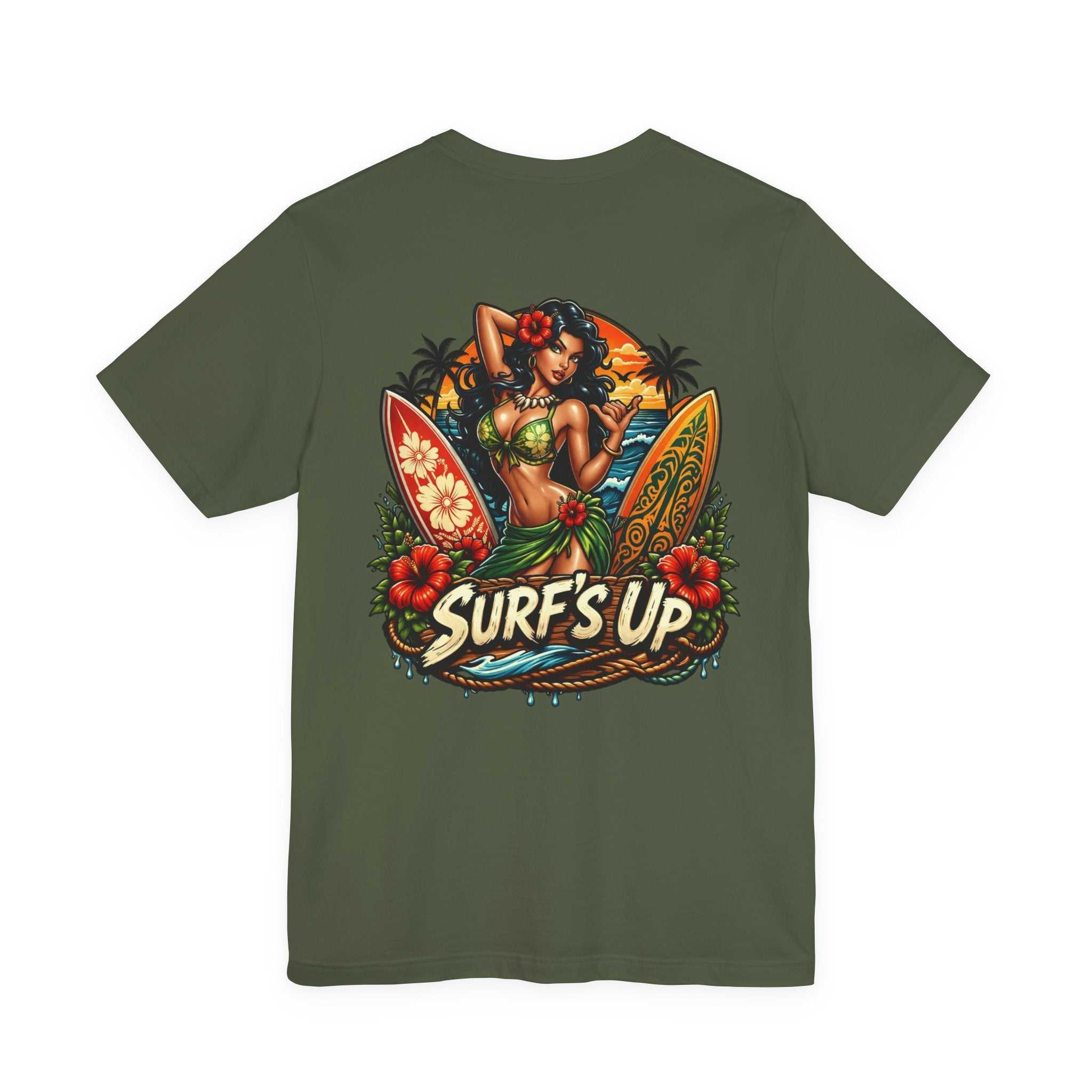 Hawaiian Surfboard T‑Shirt with vibrant surfboard graphic and tropical hula girl design on soft breathable cotton