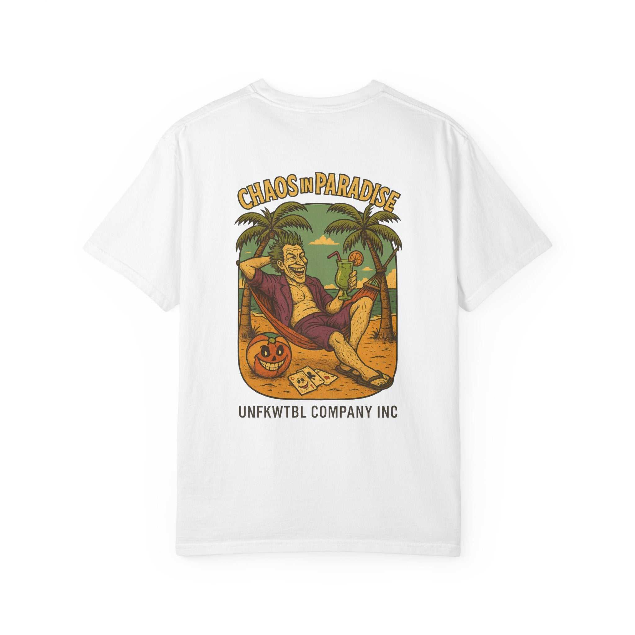 White Tropical Humor T-Shirt with colorful "Chaos in Paradise" graphic, unisex casual summer tee, garment-dyed soft cotton beachwear