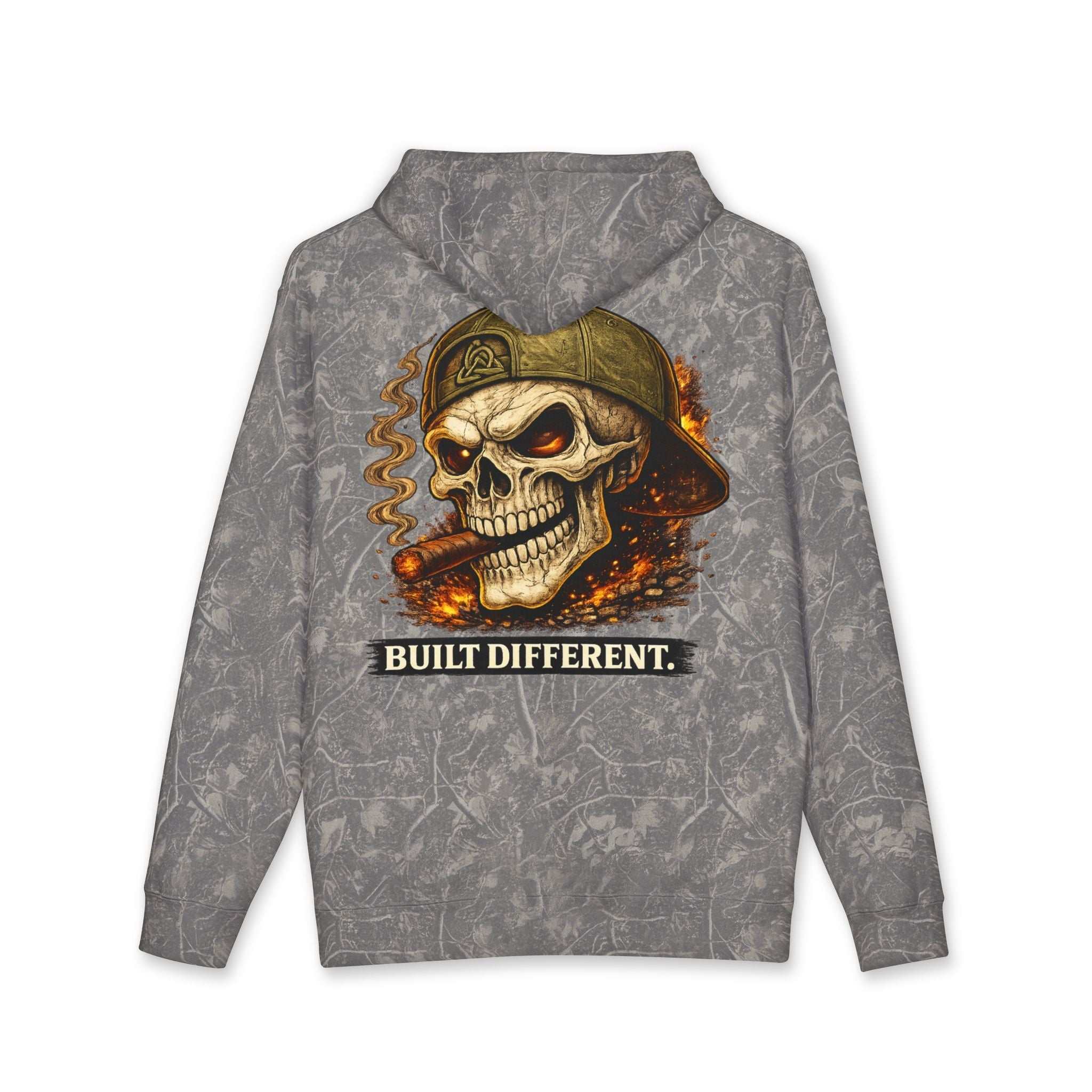 Skull Cigar Hoodie with bold skull and cigar graphic on muted camo heavy fabric pullover