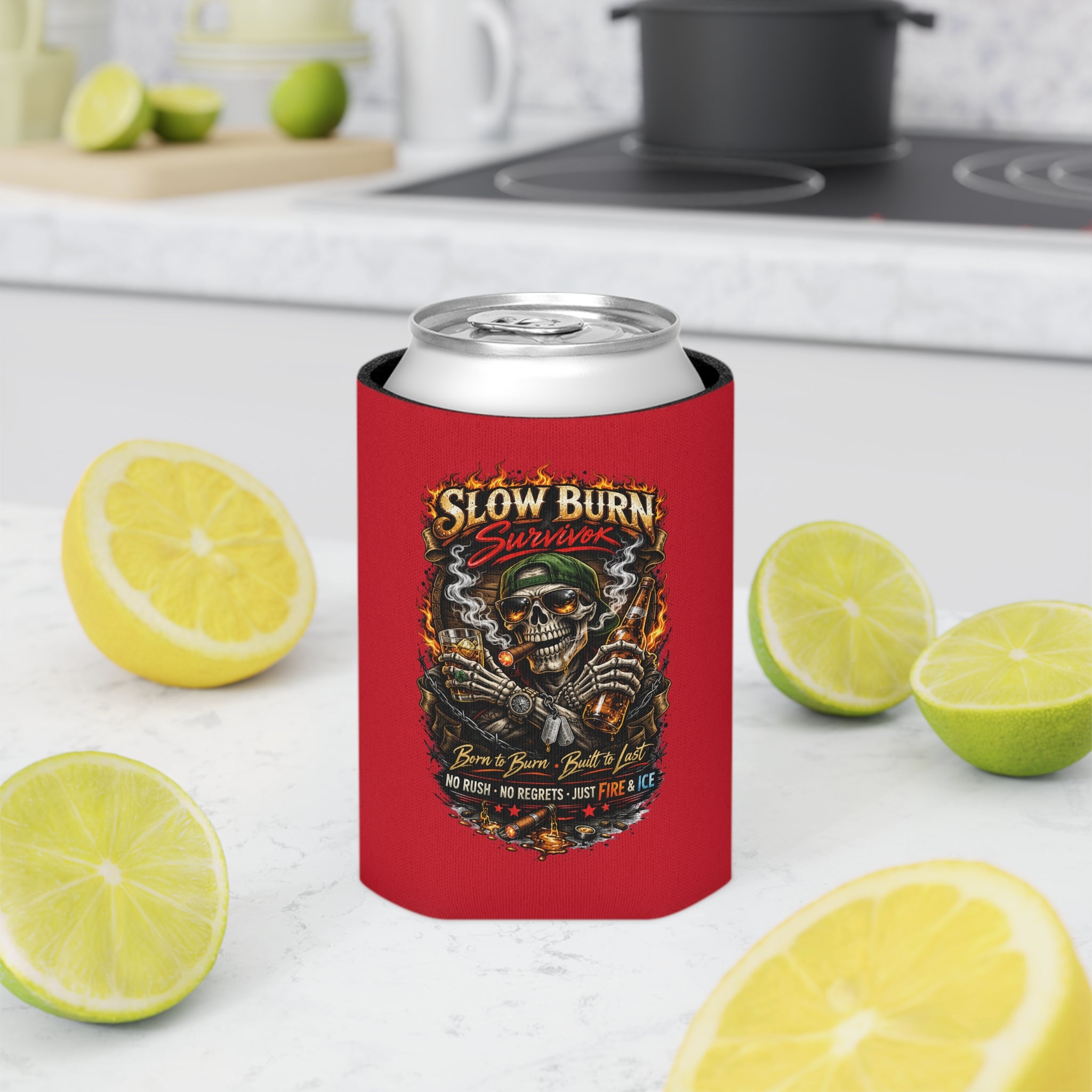 Can Cooler - "Stay Cold" Skeleton Beer Koozie (Slow Burn Survivor Vintage Skull Design)