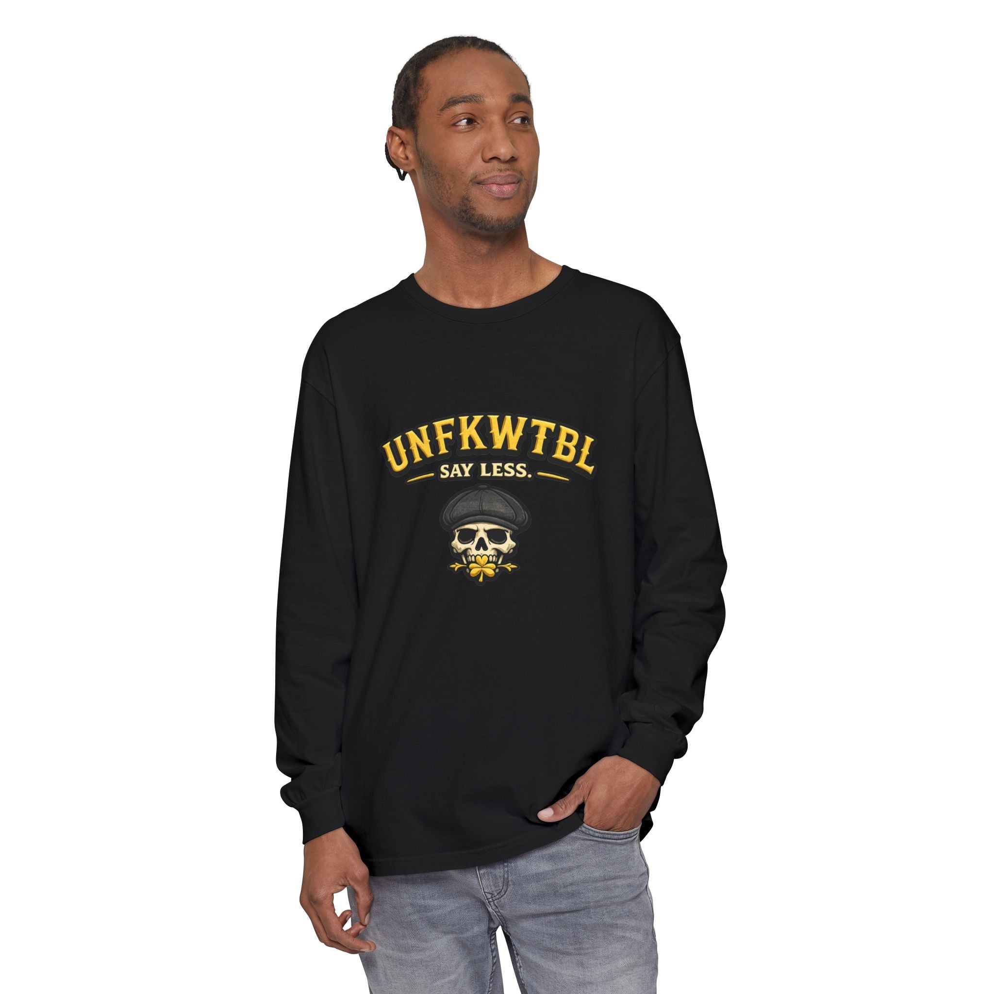 Unfkwtbl Skull Long Sleeve T‑Shirt — “Say Less” Graphic Tee