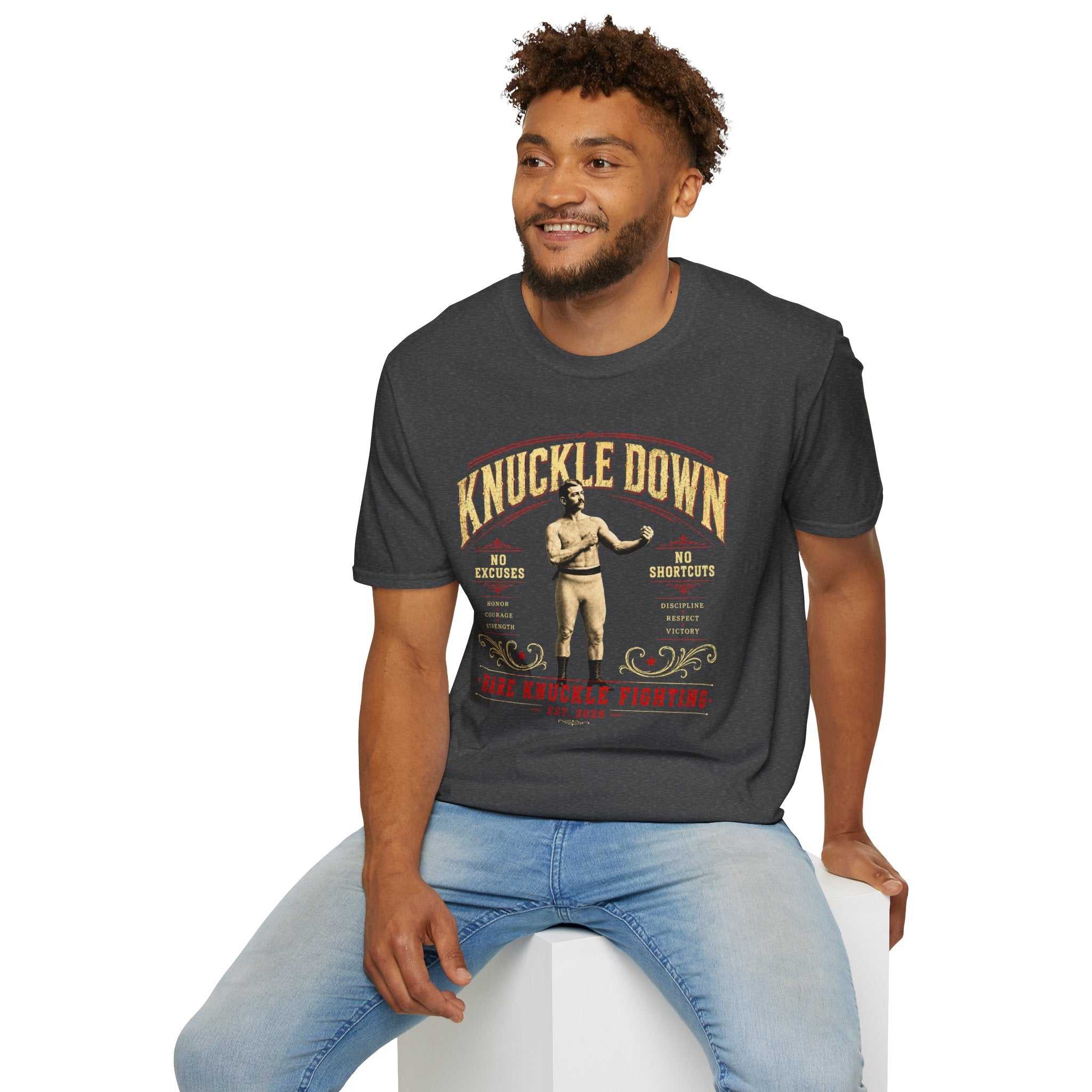 Knuckle Down Boxing T-Shirt — Vintage 'No Excuses, No Shortcuts' Fight Tee
