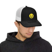 Smiley Winky Trucker Hat — Embroidered Distressed Yellow Smiley Snapback