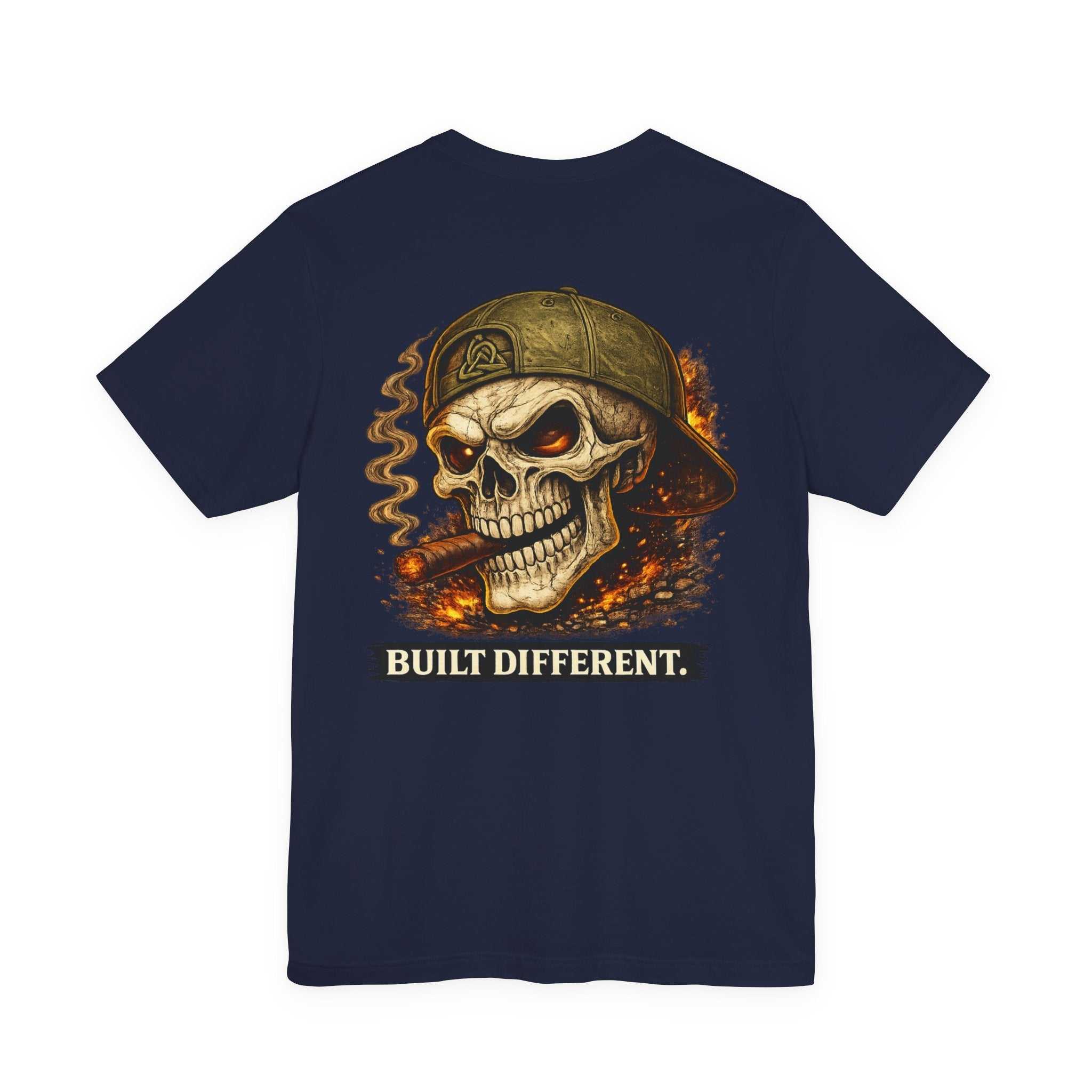 Built Different Skull Tee featuring bold skull graphic and "BUILT DIFFERENT" tagline on black biker style t-shirt