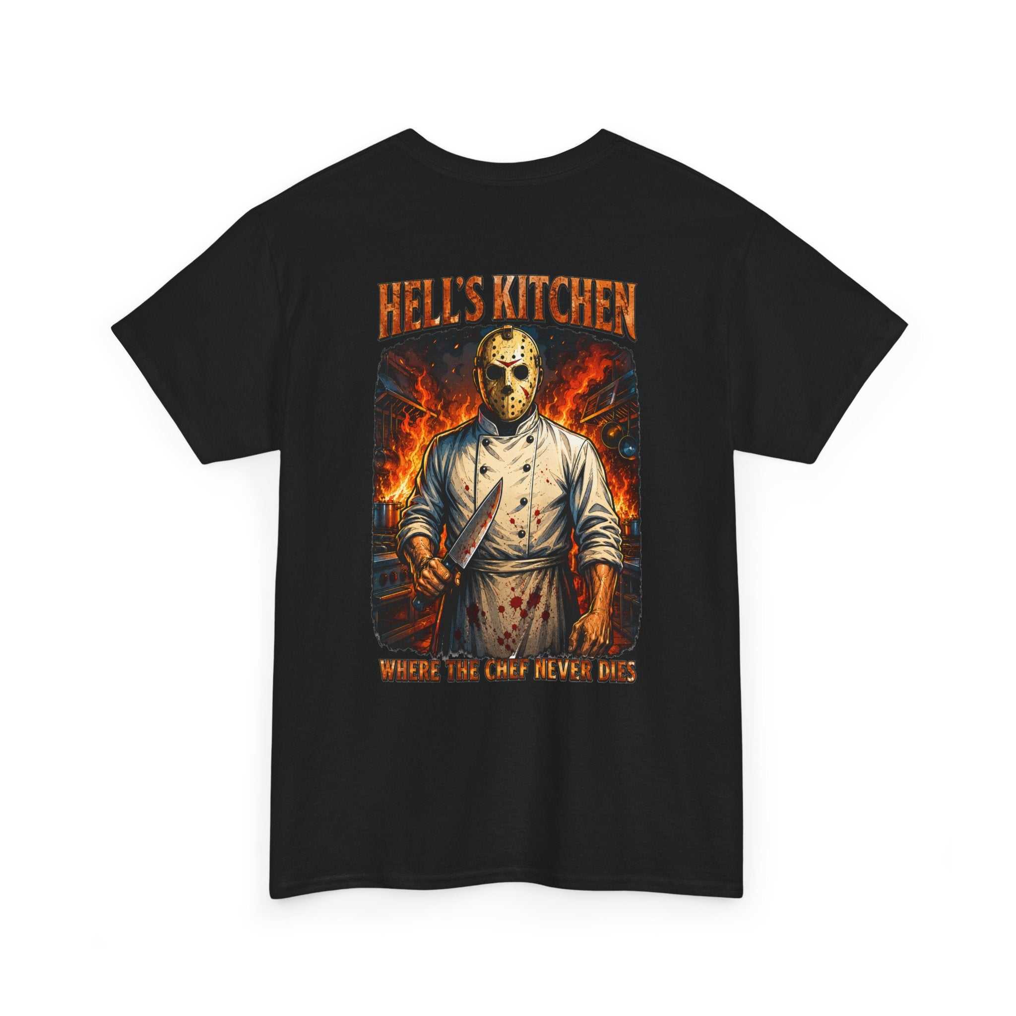 Hell's Kitchen T-shirt featuring horror Jason mask chef with cleaver and fiery kitchen background