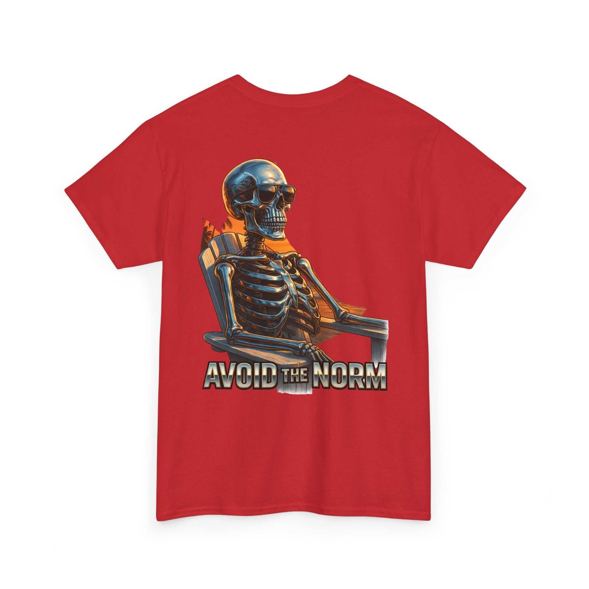 Red Beach Vibes Tee with skeleton lounging in beach chair and "AVOID THE NORM" text