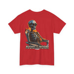 Red Beach Vibes Tee with skeleton lounging in beach chair and 