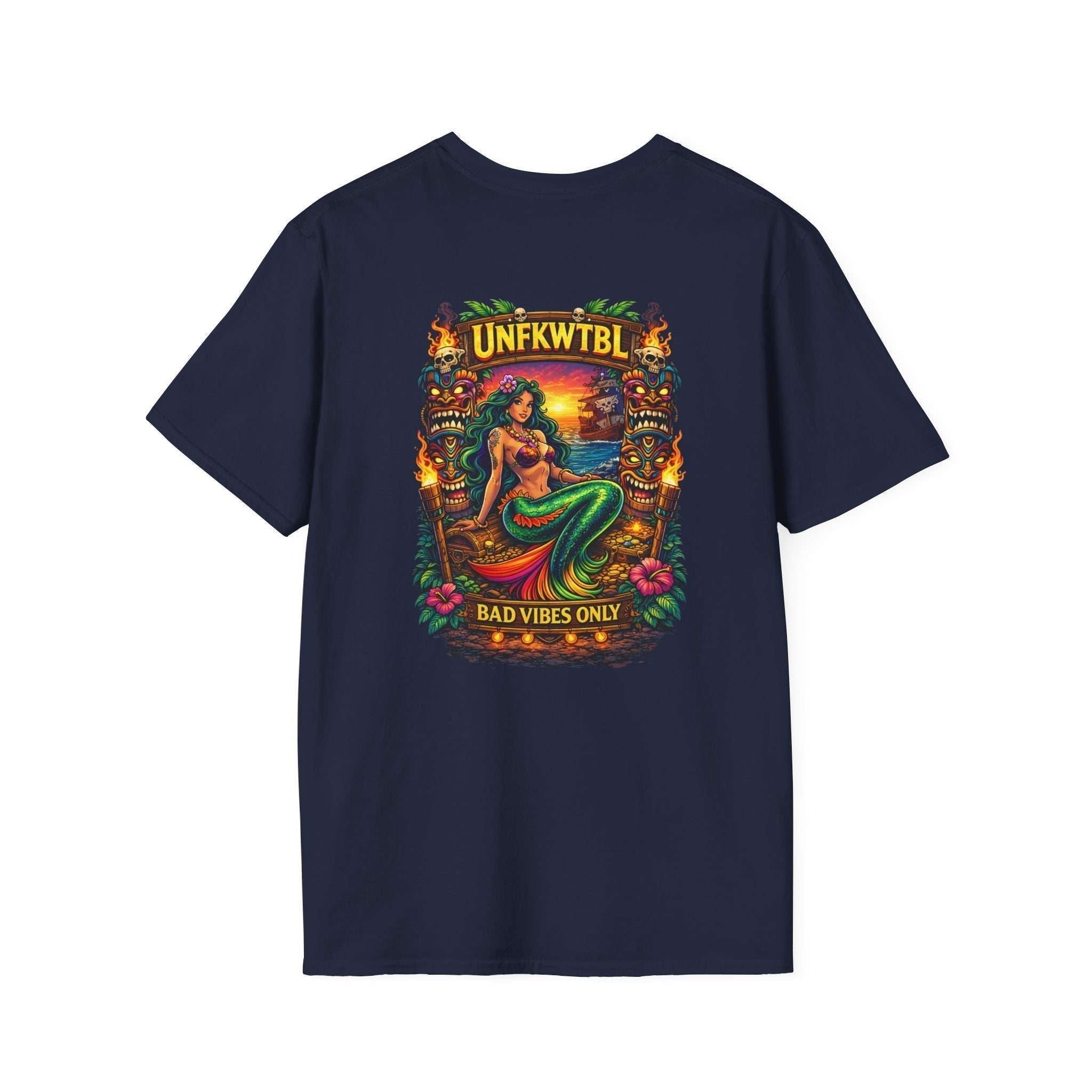 Bad Vibes Only mermaid sunset t-shirt with retro island graphic and tropical vintage beach vibe