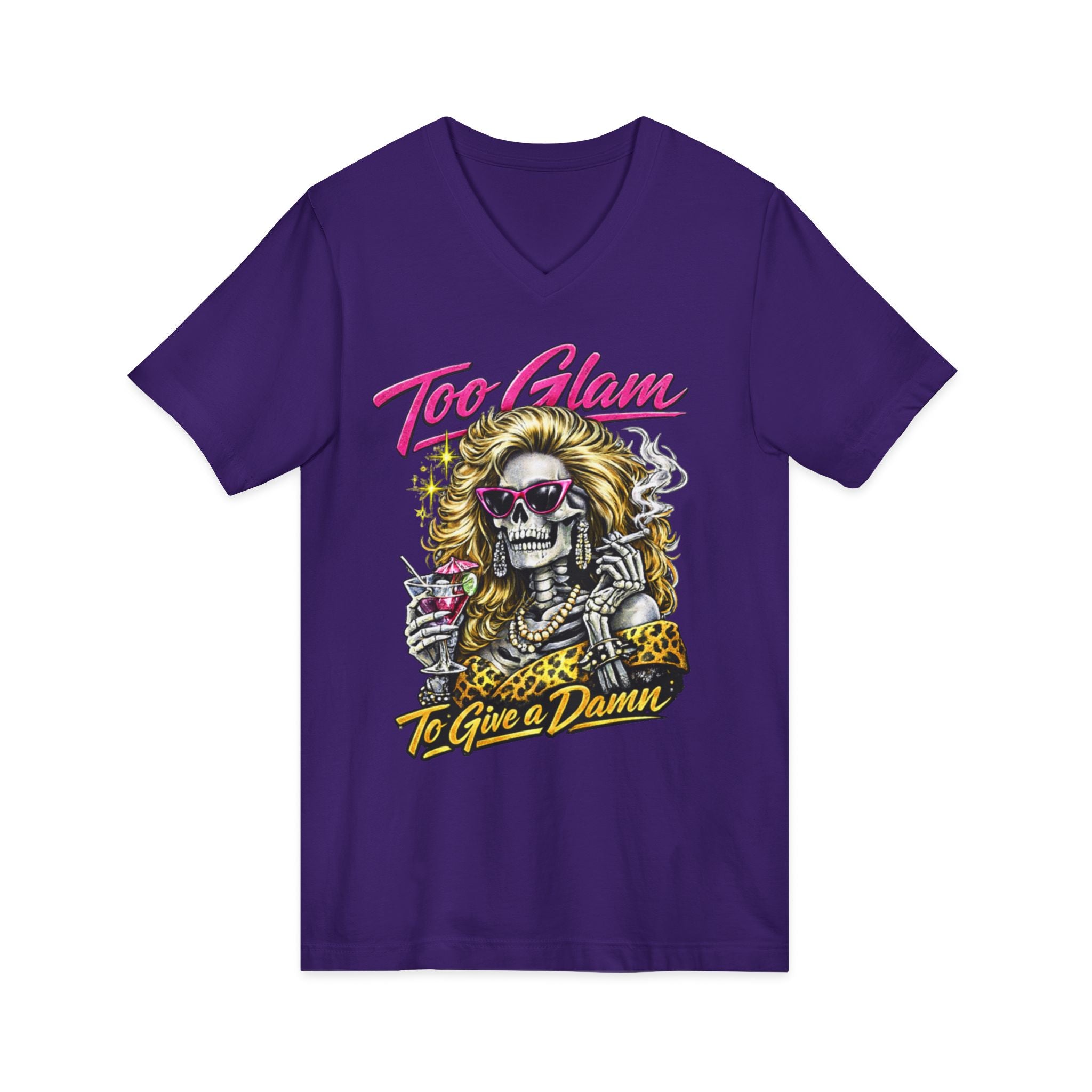 Too Glam To Give a Damn Skull Tee — Retro Glam Rock V-Neck Shirt